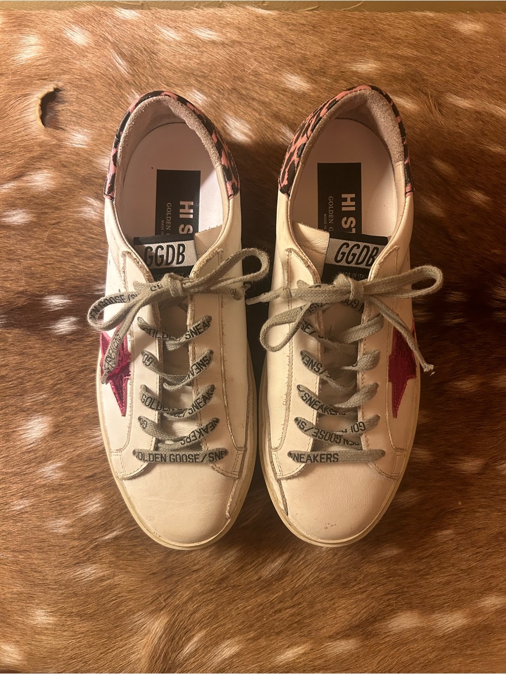 Golden Goose White Leather Sneakers with Pink Star and Leopard Heel